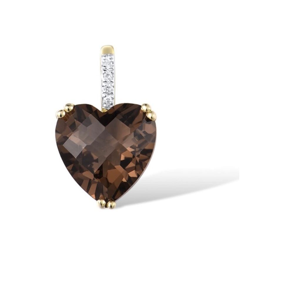 Solid 10k Gold Chocolate Quartz and Natural Diamond Heart Pendant Necklace